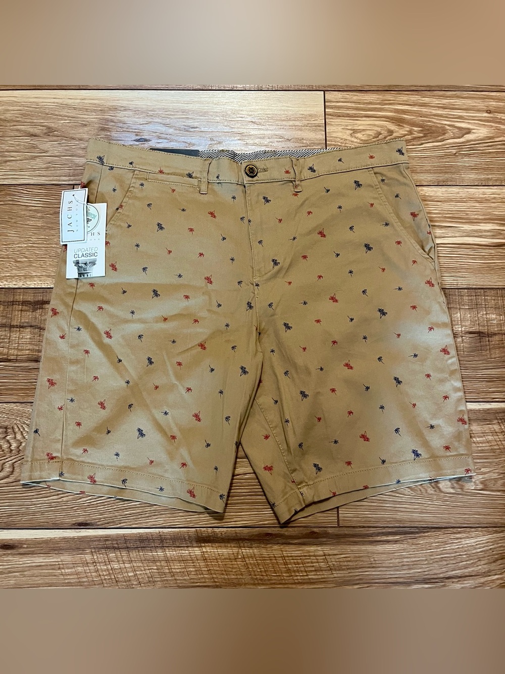 Jachs Men's Bleeker Tan Chino Printed Flat Front Shorts with Red & Navy Accents